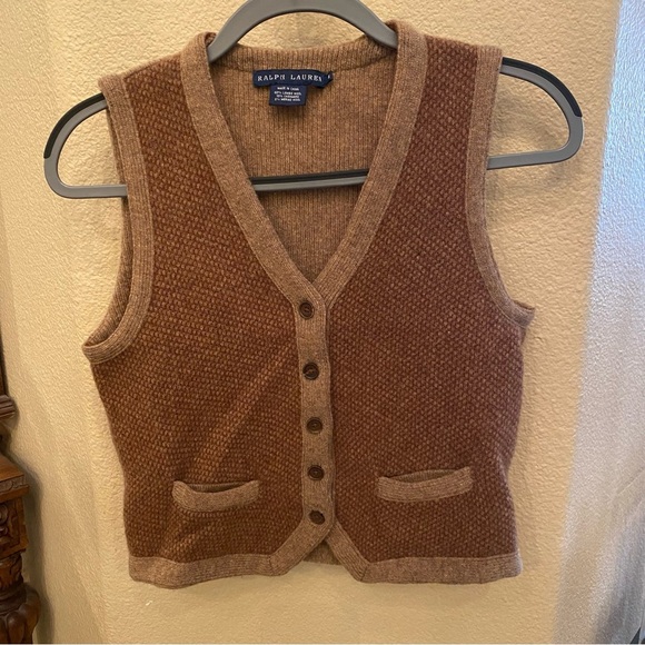 Vintage Ralph Lauren Light Brown Lambswool Cashmere Button Vest Size Medium - Picture 1 of 9